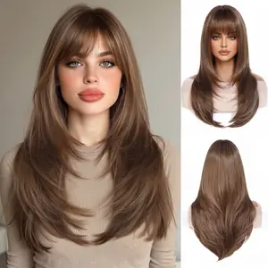 26 Inch Long Straight Wig with Bangs, Face-Framing Layers Ombre Brown Hair
