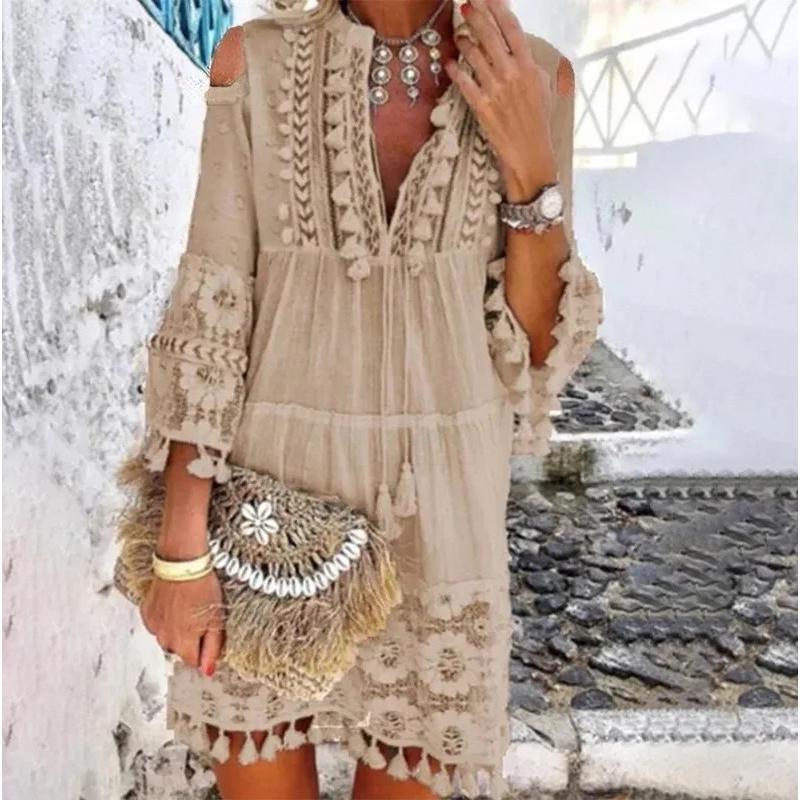 New Spring Embroidered Crochet Lace Bohemian Dress Women's Elegant Off Shoulder Tassel Ruffle Mini Dress Summer V-neck Women's Beach Dress Elegant Casual Women's Dress