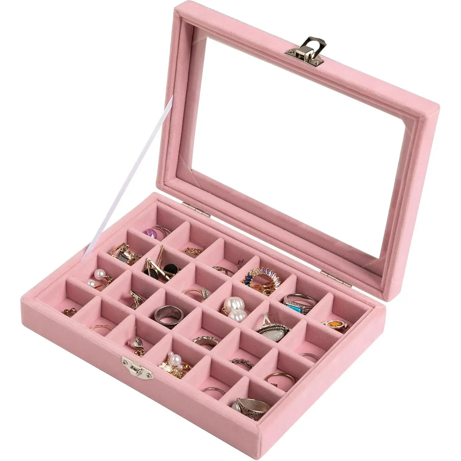 24 Grid Earring Organizer,Small   Tray with Lid | Portable  Box for Rings Stud, Lining for Protecting ,Adjustable Dividers,Glass Lid for Clear Review