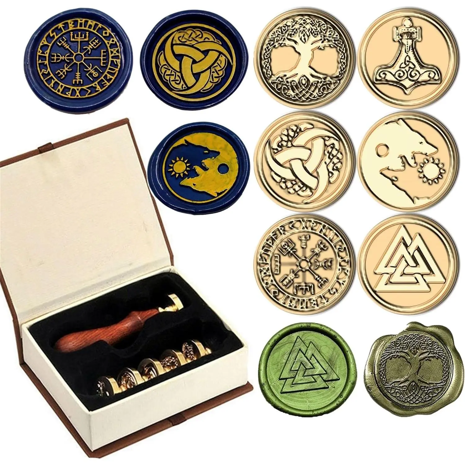 6-Count Rune Wax Seal Items with Rune Designs, Vegvisir-Valknut Motif, Tree of Life, Brass Handle & Wooden Grip, Office Stationery for Wedding Invitations, Envelopes (A1)