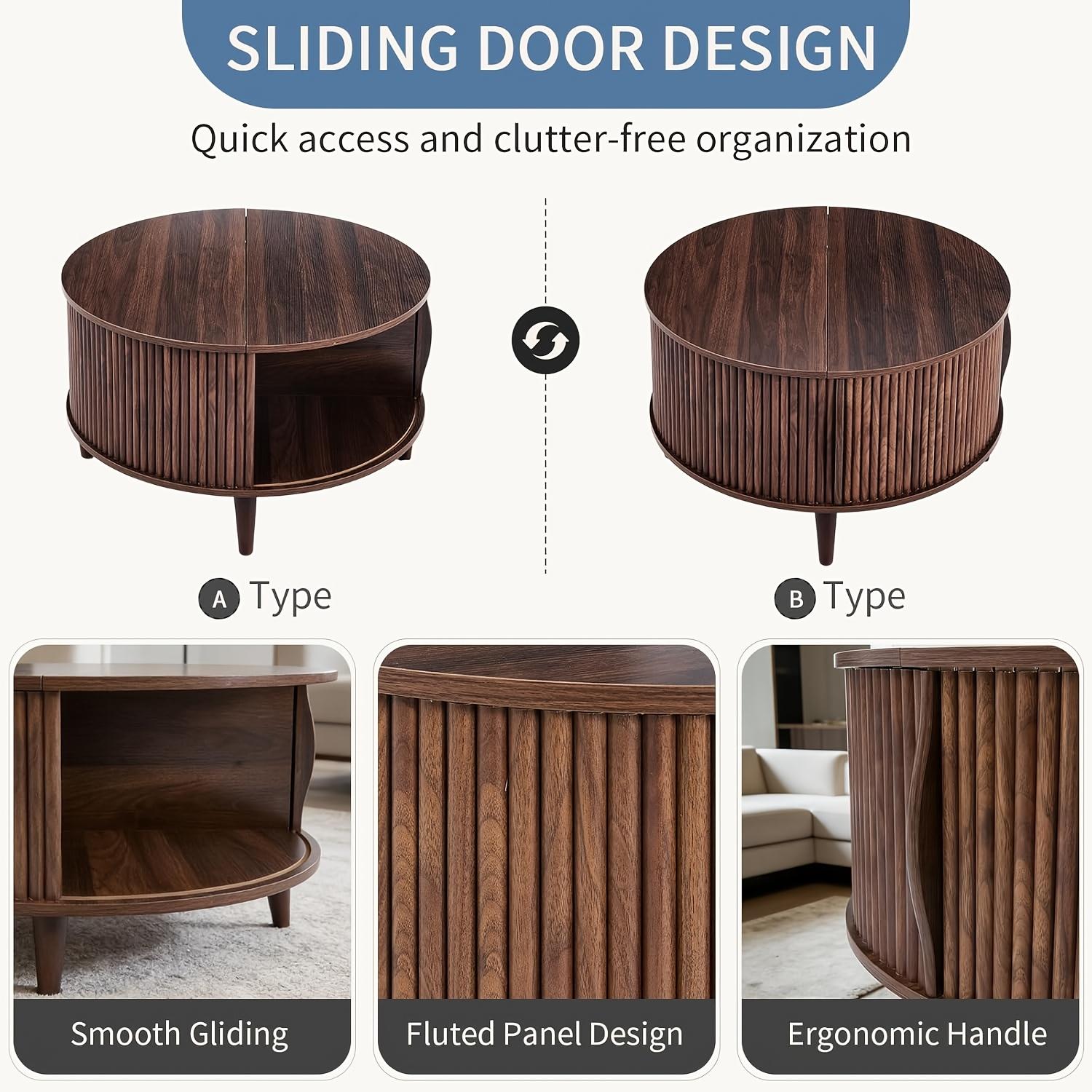 Mid-Century Modern Round Coffee Table with Storage | 31.69" Fluted Center Table with Sliding Door & 2-Tier Rustic Wood Top for Living Room, Artificial Board & Hardwood, Multifunctional, Wood Color, OLIXIS Brand