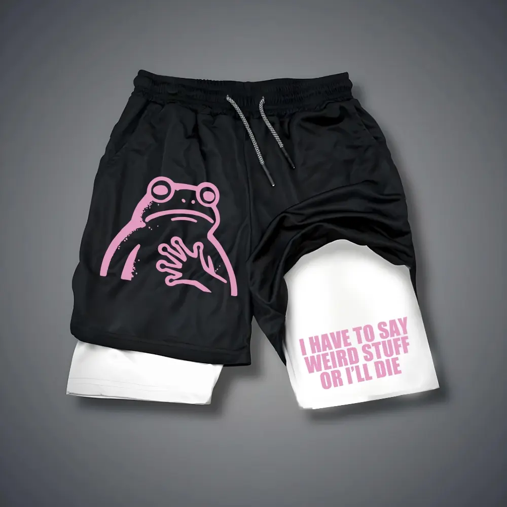 Unisex I HAVE TO SAY WEIRD STUFF OR I’LL DIE Whimsical Line Frog Graphic Double-layer Shorts Personalized Pattern Y2k Clothing Double-layer Shorts,Women's Clothing, Menswear, Vintage Style,Summer Casual Oversized
