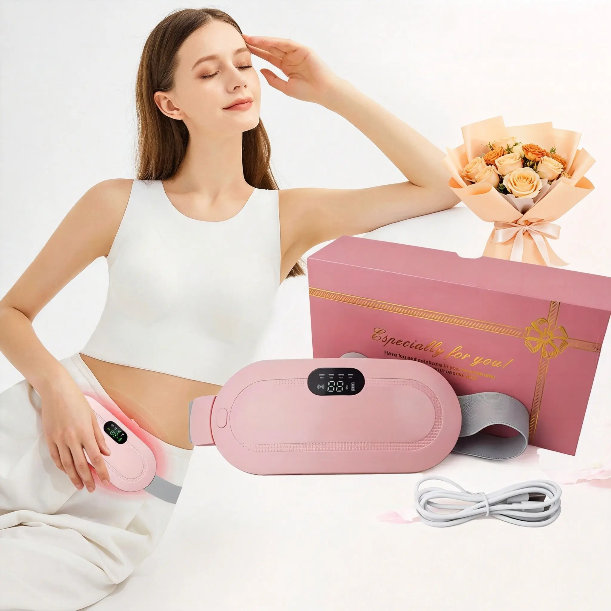 Rechargeable Heating Massage Belt, Electric Waist Massager for Period Cramps, Vibrating Heated Abdominal Warmth Band, Low Noise Portable Pain Relief, Cordless Heating Belt