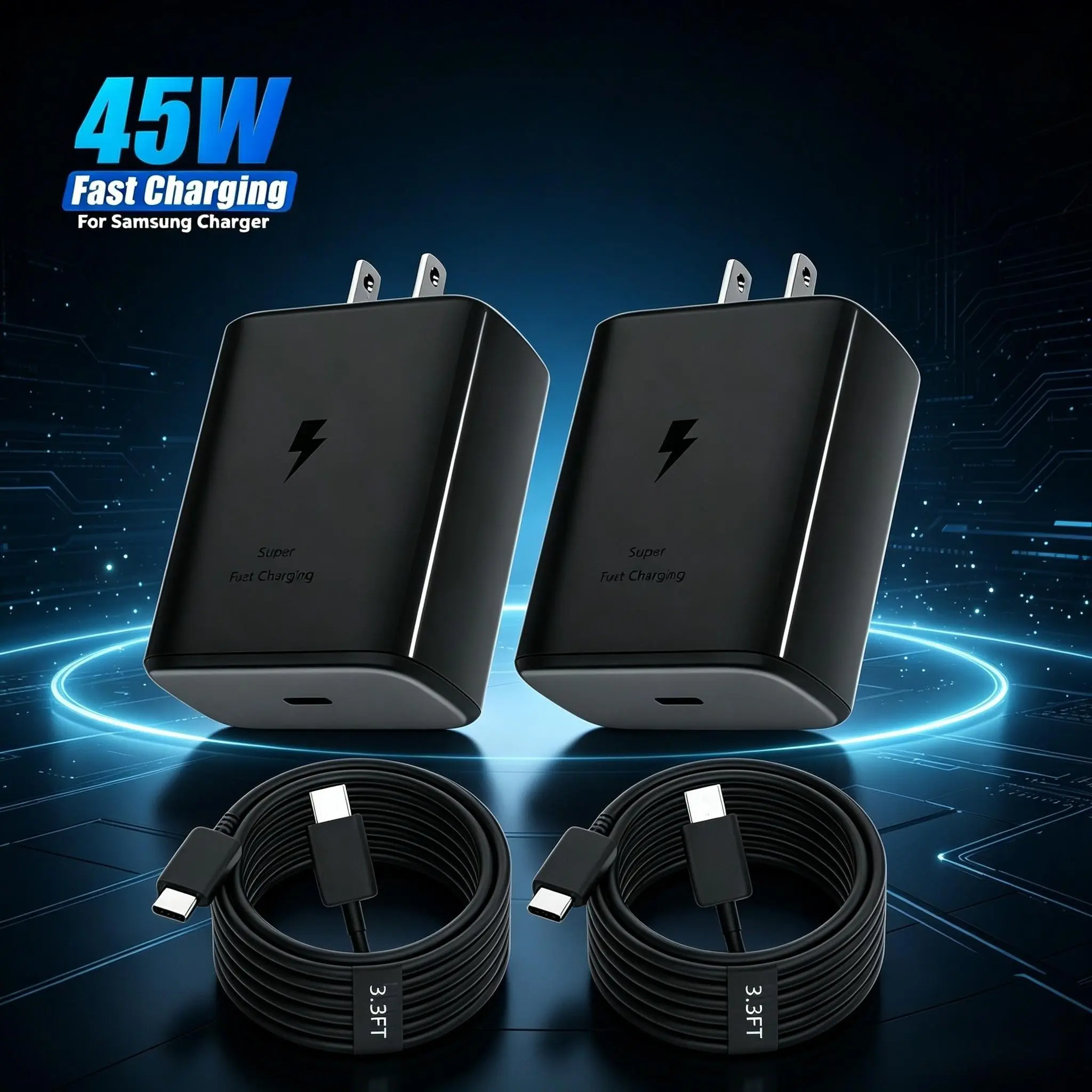 2-Pack 45w USB-C Super Fast Charger, Pd3.0 Quick Charge Adapter, 3.3ft C to C Cable, Compatible with Samsung Galaxy Series Phones