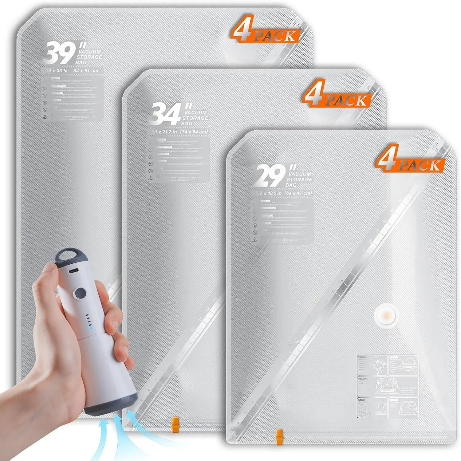 Dual Waterproof Oblong-Shaped PA+PE Blend Vacuum Seal Storage Bags with Pump, 12-Pack Compression Organiser Bags for Seasonal Clothing, Bedding, Luggage Travel