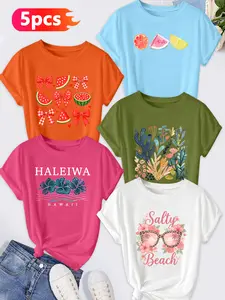 5PCS Women's Crew Neck Tee, Watermelon Ocean Hawaii Print, multi-color, washable, soft summer top