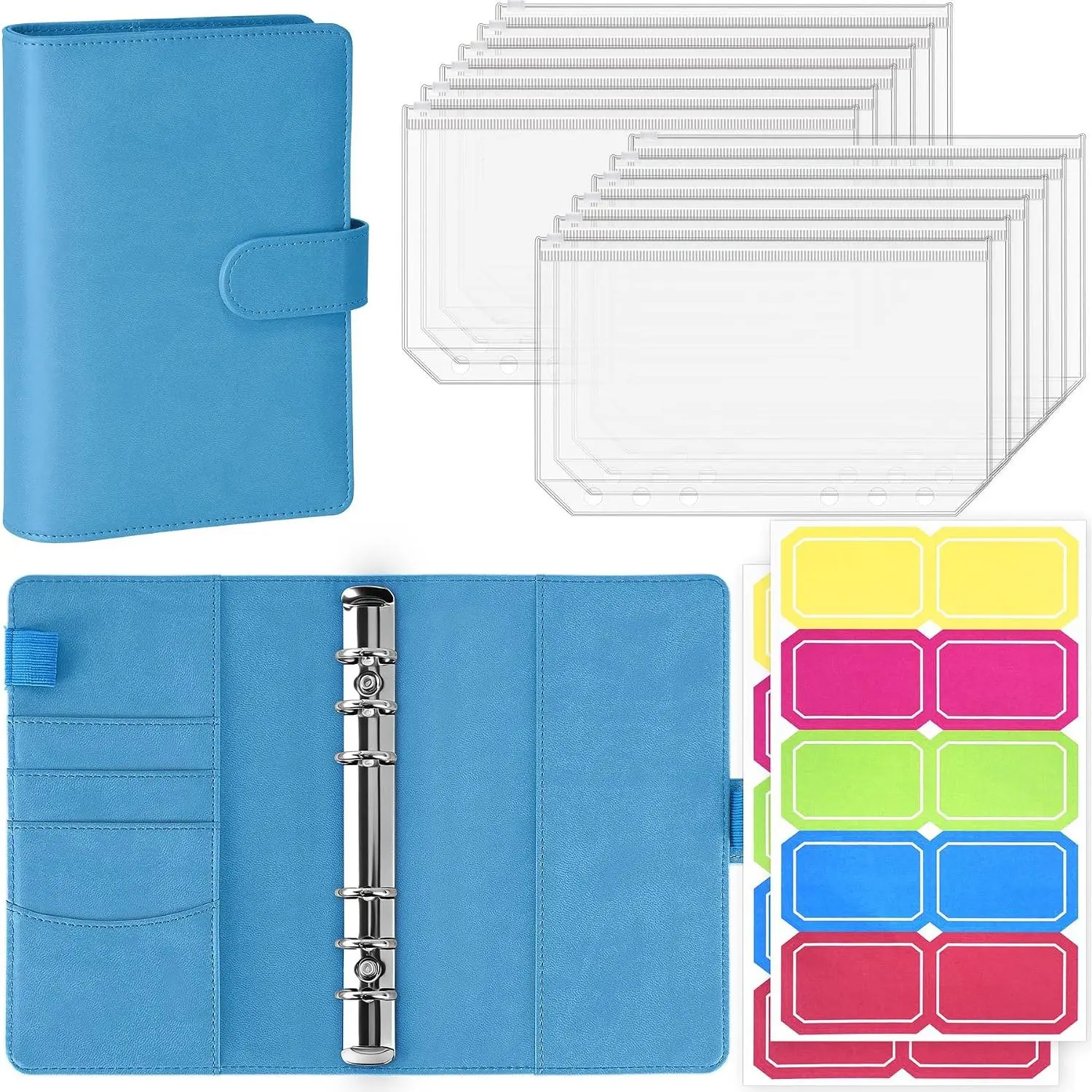 Portable Refillable A6 PU Leather Budget Binder - Budget Planning Organizer with Zipper Envelopes, Card Slots, Self-Adhesive Tags for Office Use, Sky Blue
