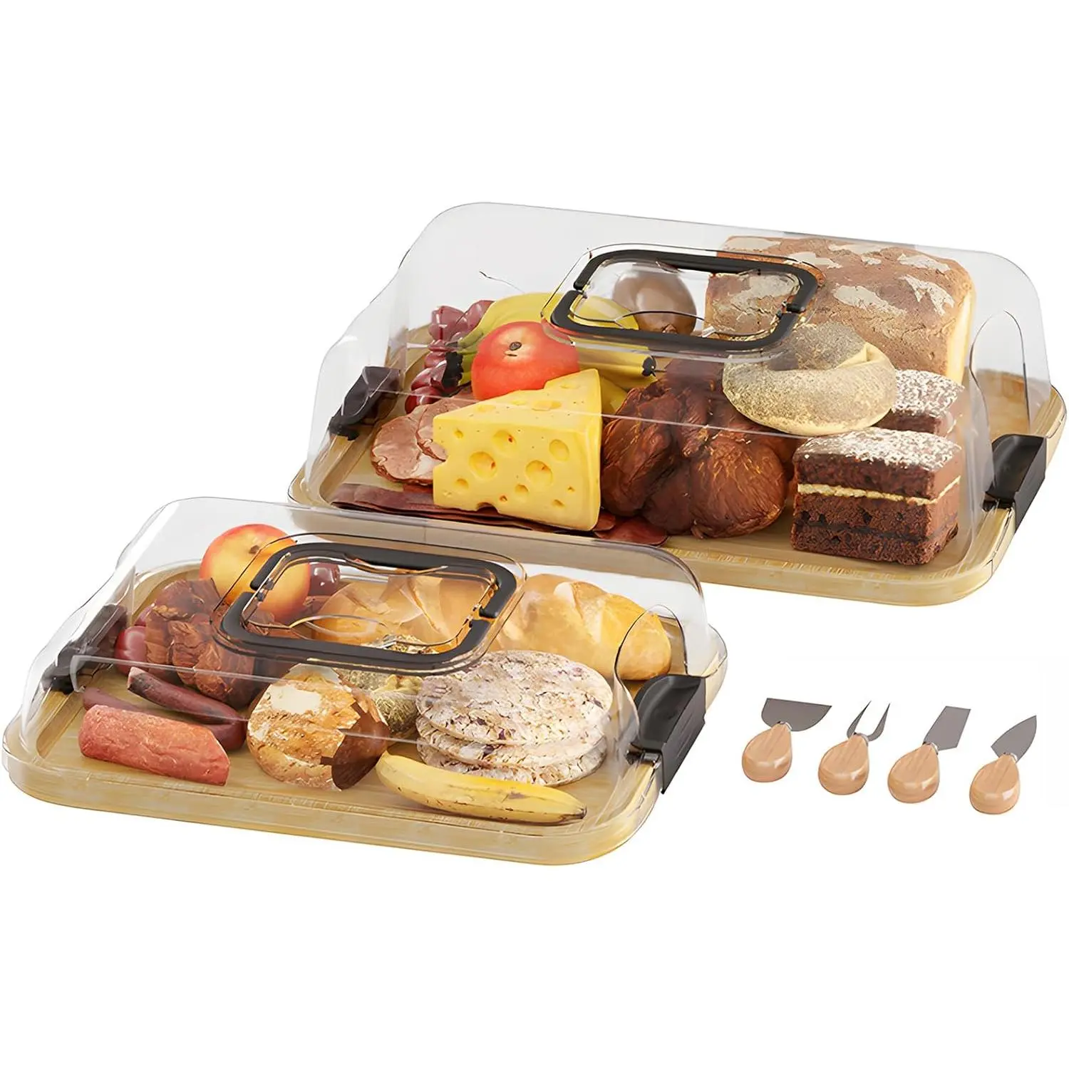 2-Pack Charcuterie Board with 4" Heightened Lid 14.2" & 13.4" Bamboo Trays for Entertaining, Perfect Housewarming New Home Gifts for Women, Large Food Platter