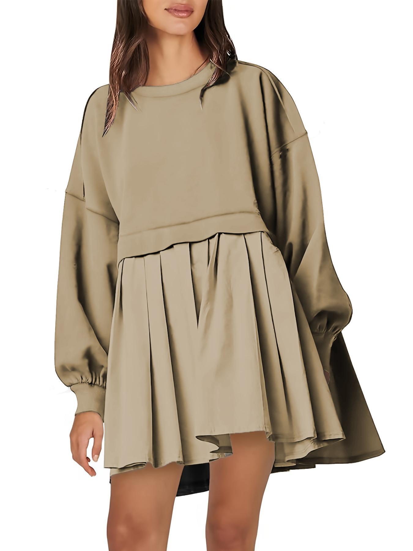 【Plus Size】 Solid Color 2 in 1 Smock Dress, Casual Basic Drop Shoulder Long Sleeve Fitted Short Dress for Fall & Winter, Women's Clothes for Daily Wear, Womenswear