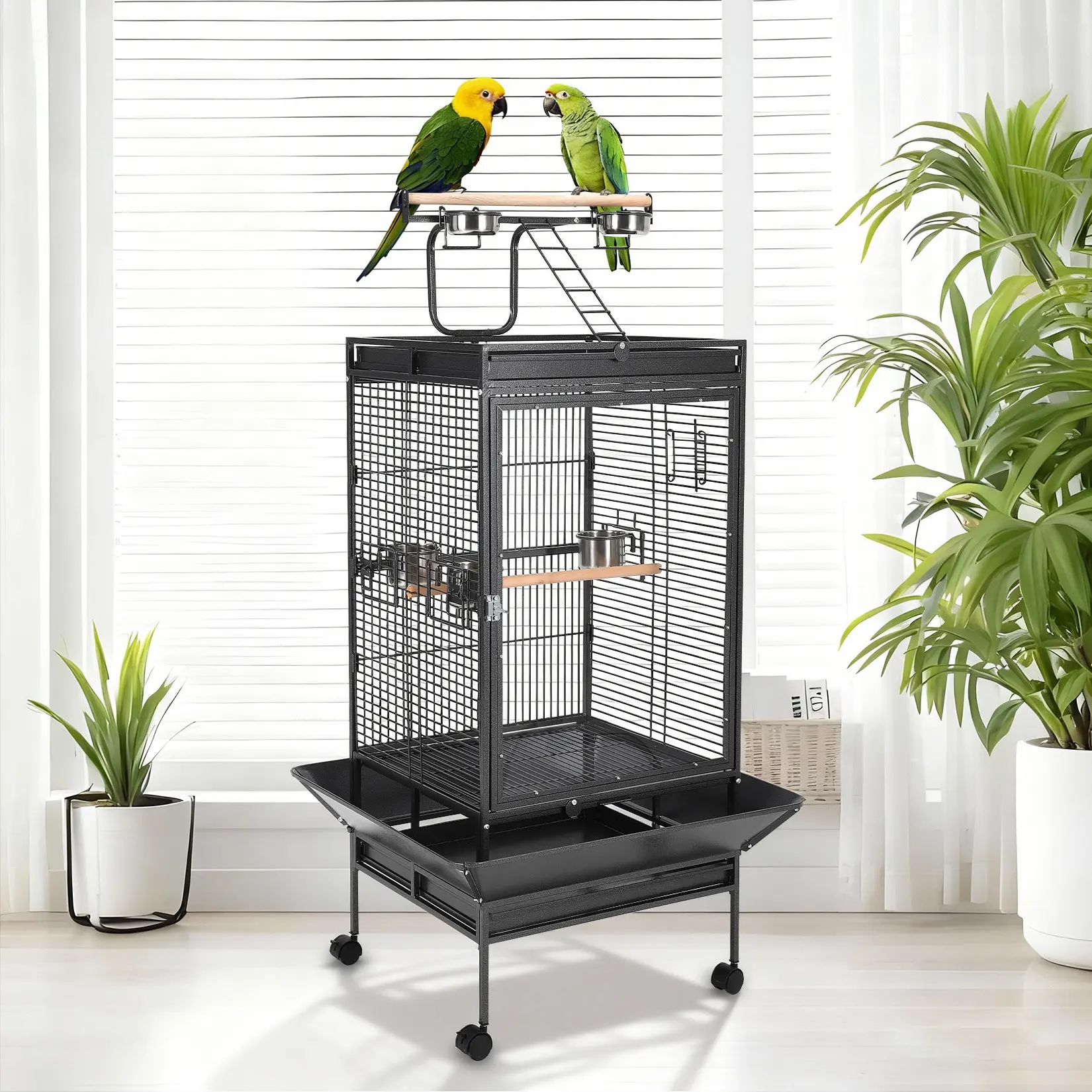 60" Large Bird Cage, Heavy-Duty Metal Flight Cage with Rolling Stand, Play Top, Removable Tray & Food Bowls,  Easy Clean Non-Toxic Coating Birdcage for Parakeets, Cockatiels, Conures, Parrots