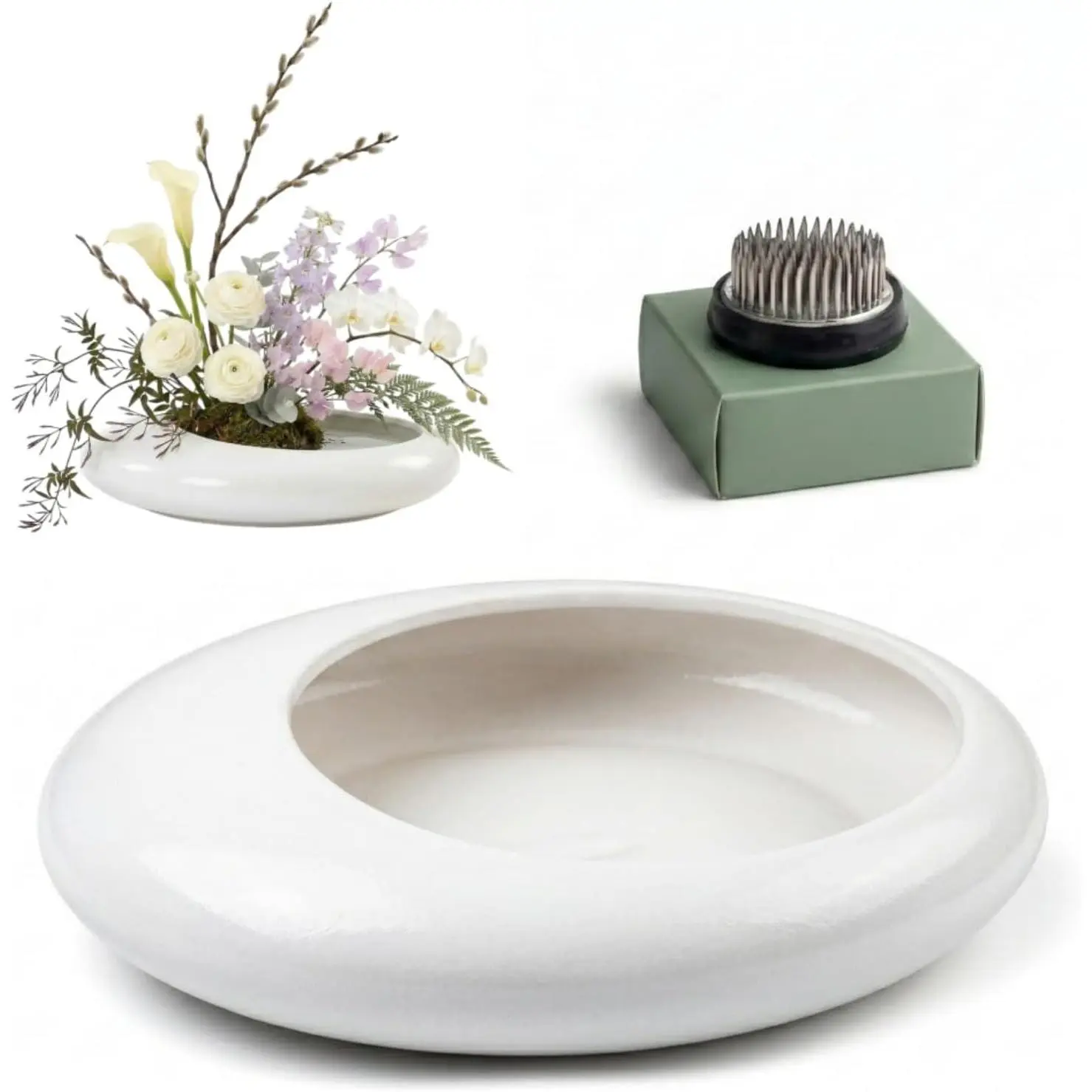 Ikebana Bowl Kit - Japanese Flower Arrangement Ikebana Vase with 1.8'' Floral Frog Included, White