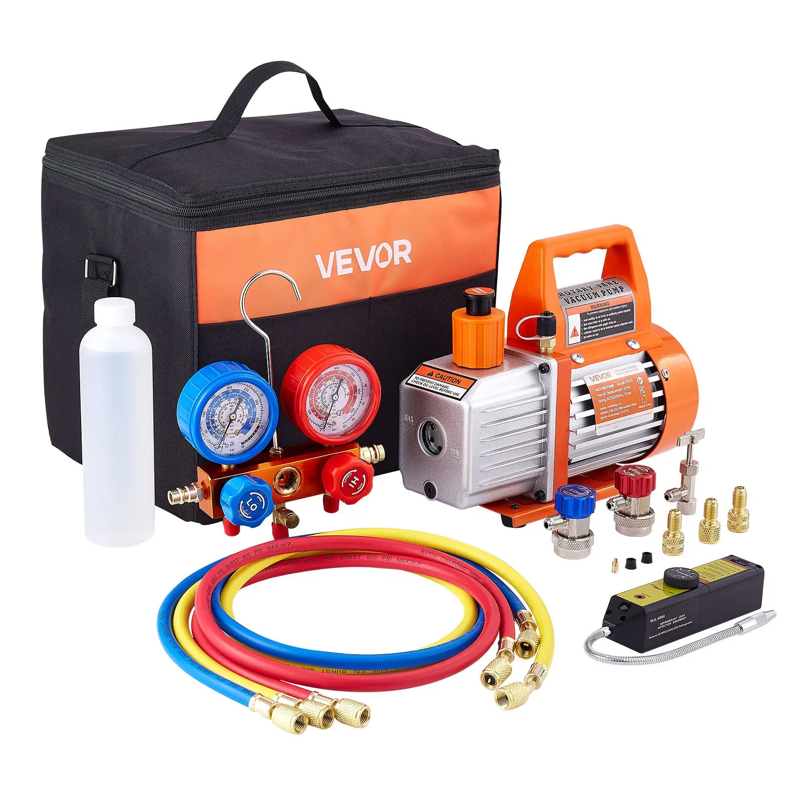 VEVOR HVAC Vacuum Pump & Gauge Set, 1/3 HP Single-Stage Rotary Vane A/C Refrigerant Manifold Kit with 0.27 Qt/260 Ml Capacity, 1/4"-SAE Port, Leak Detector, Carry Bag, 5 Pa, Accurate Monitoring, 11.02x4.92x8.86 in, 16.54 lbs for R134a R22 R410a