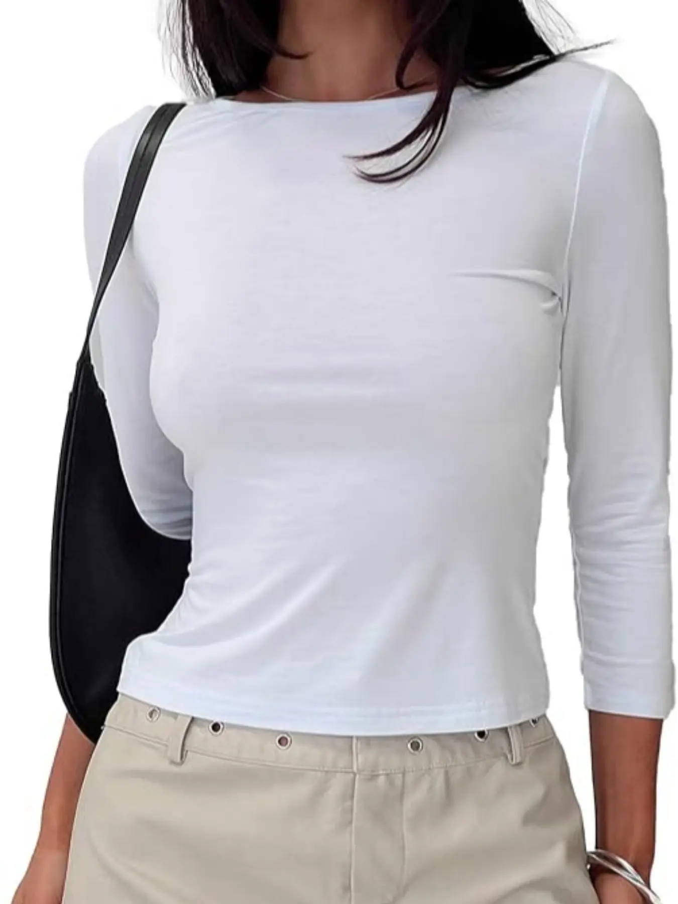 Boat Neck Three-Quarter Sleeve Top, Slim Fit Short Tee, Simple Basic Top, Daily Casual T-Shirt, Layered Wearable Top, Casual Everyday Tee