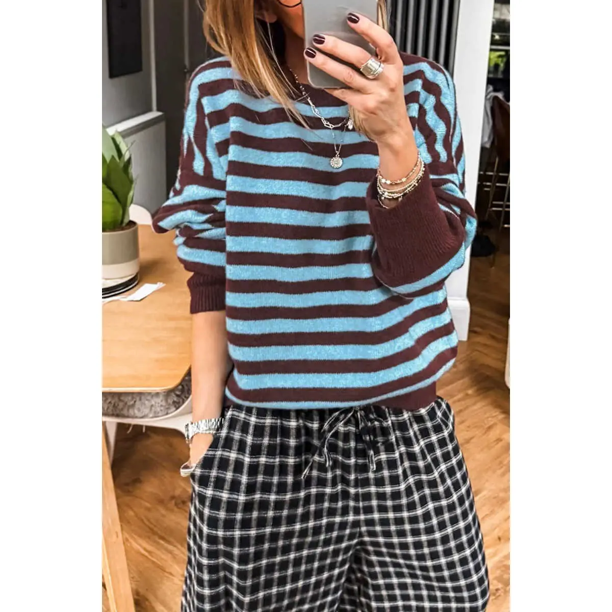 Brown Stripe Color Block Loose Crew Neck Cuffed Sweater