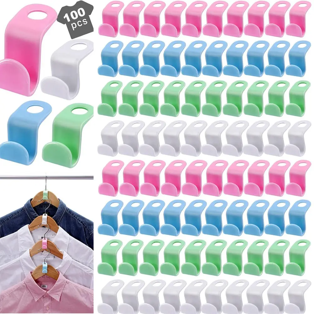 Clothes Hanger Connector Hook, 100pcs/set 4 Color Clothes Hanger Connector, pace Saving Hanger Hooks,Heavy Duty Cascading Hanger Extender Hooks,Plastic Hangers Extenders Connection Hooks for Closet Wardrobe Organiser