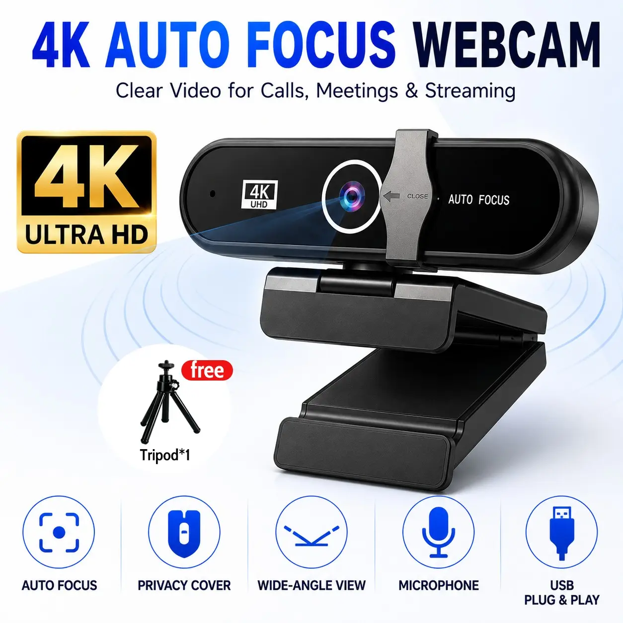 4K Webcam with Tripod Stand, Auto Focus USB Camera with Privacy Cover, Wide-Angle Webcam with Microphone, Plug & Play for PC, Laptop, Meetings, Streaming & Remote Work