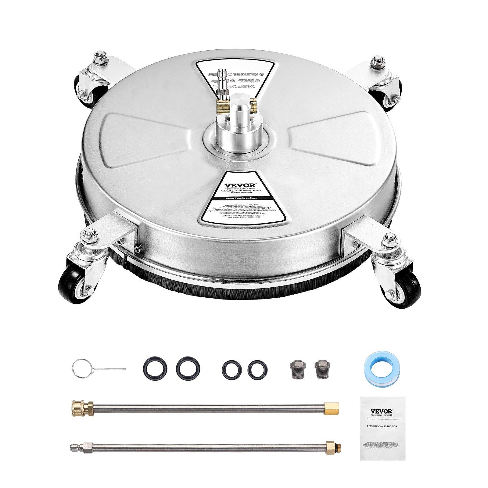 VEVOR 16.5" Pressure Washer Surface Cleaner, Stainless Steel Pressure Washer Attachments with 4 Wheels, 4000 Max PSI, 1/4 Quick Connector, 2 Spray Nozzles, 2 Extended Wands for Concrete, Patio, Deck