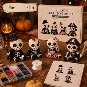 4-Piece 3D Bead Skeleton DIY Kit, Fun Creative Horror Style, Includes Instructions for 4 Unique Designs, Halloween Craft Decoration, Accessory Pack Random Colors, Gift