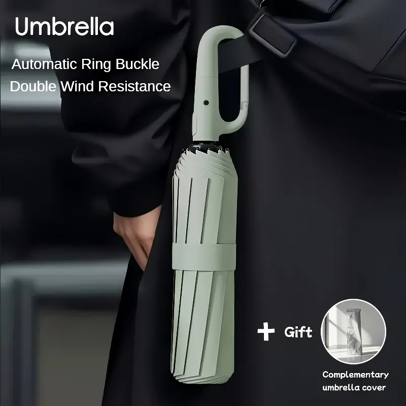 Mountaineering buckle hanging buckle portable hands-free automatic folding umbrella. Adopted reinforced thickened windproof umbrella bone and umbrella surface, ergonomic non-slip plastic umbrella handle, durable, fashionable and beautiful