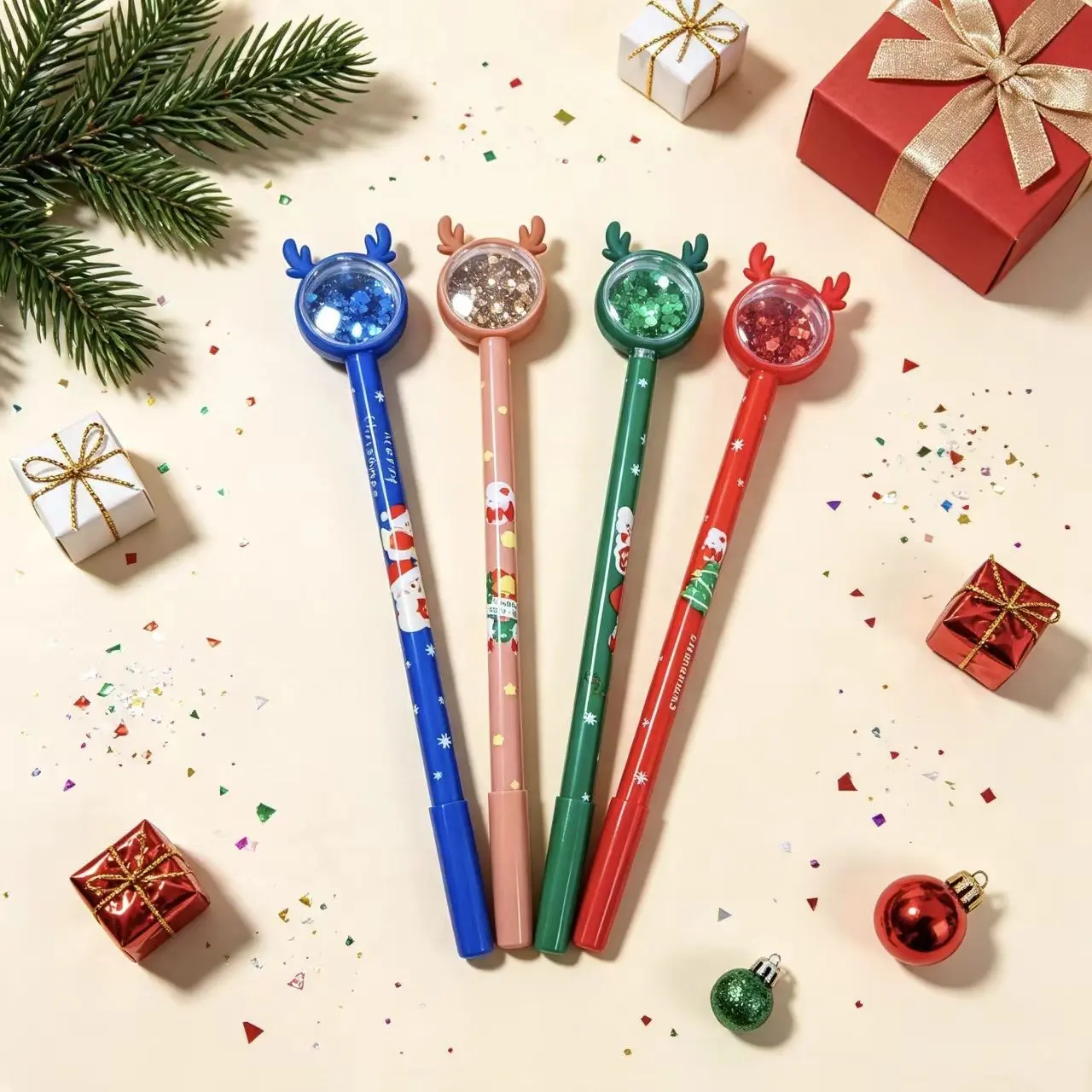 10pcs Christmas Antlers Sparkling Sand Pens, Random Color Cute Cartoon Design, Holiday Gift for Students, Office Signature Pens