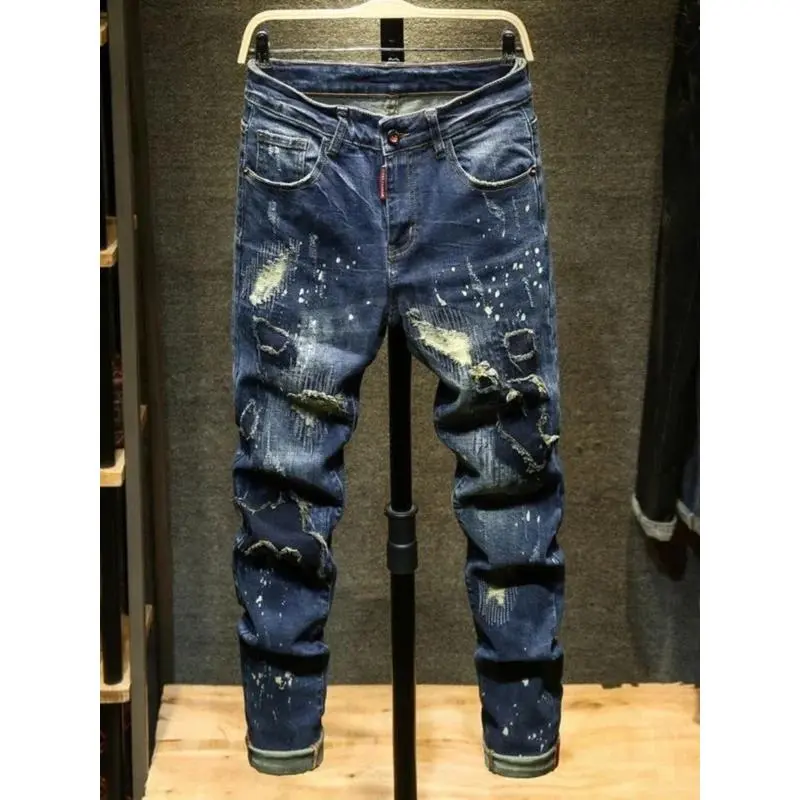 High-End Men's Distressed Denim Jeans Elastic Patchwork Trendy Slim Fit Long Pants Casual mid Waist Zipper Youth All Seasons