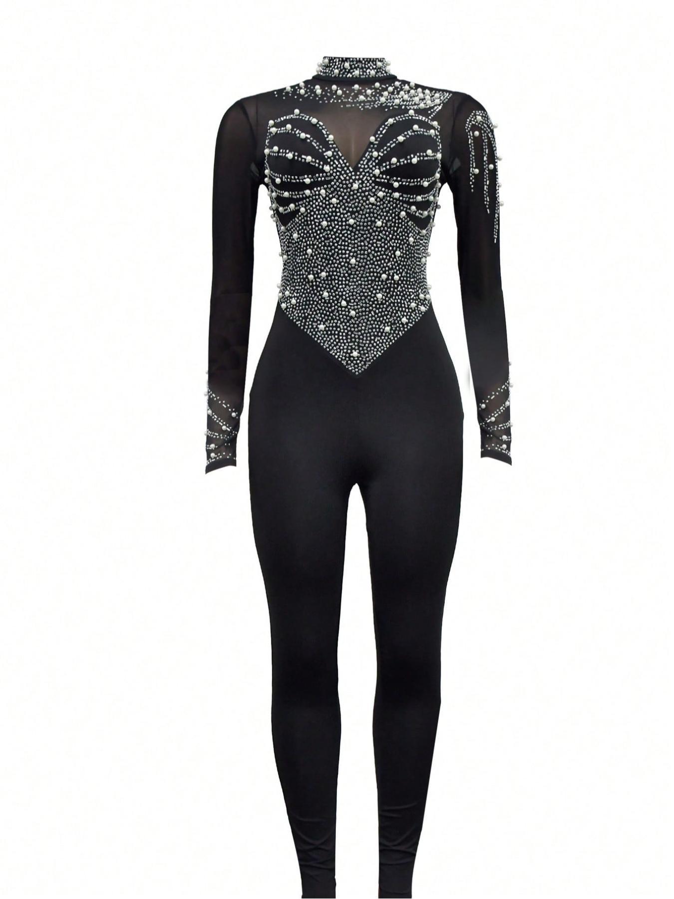 Women's Plain Rhinestone Decor Mock Neck Mesh Material Breathable Skinny Jumpsuit, Elegant Fashion Long Sleeve Zipper Jumpsuit for Party Club Dating, Valentine's Day Gift for Girl, Ladies Spring & Fall Clothes, Womenswear