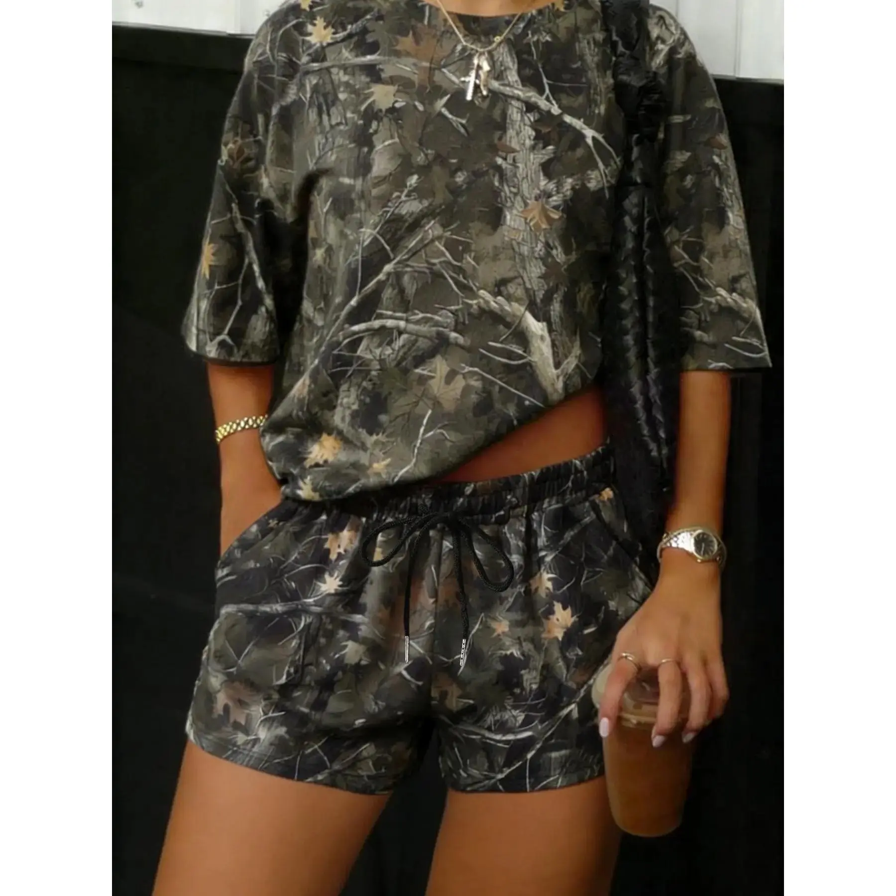 Women's Comfortable Casual Camo Print Loose Fit Short Sleeve T-Shirt and Elastic Waist Shorts Set Versatile Two-Piece Camouflage for All Seasons quick dry warm weather summer essential summer staple everyday casual