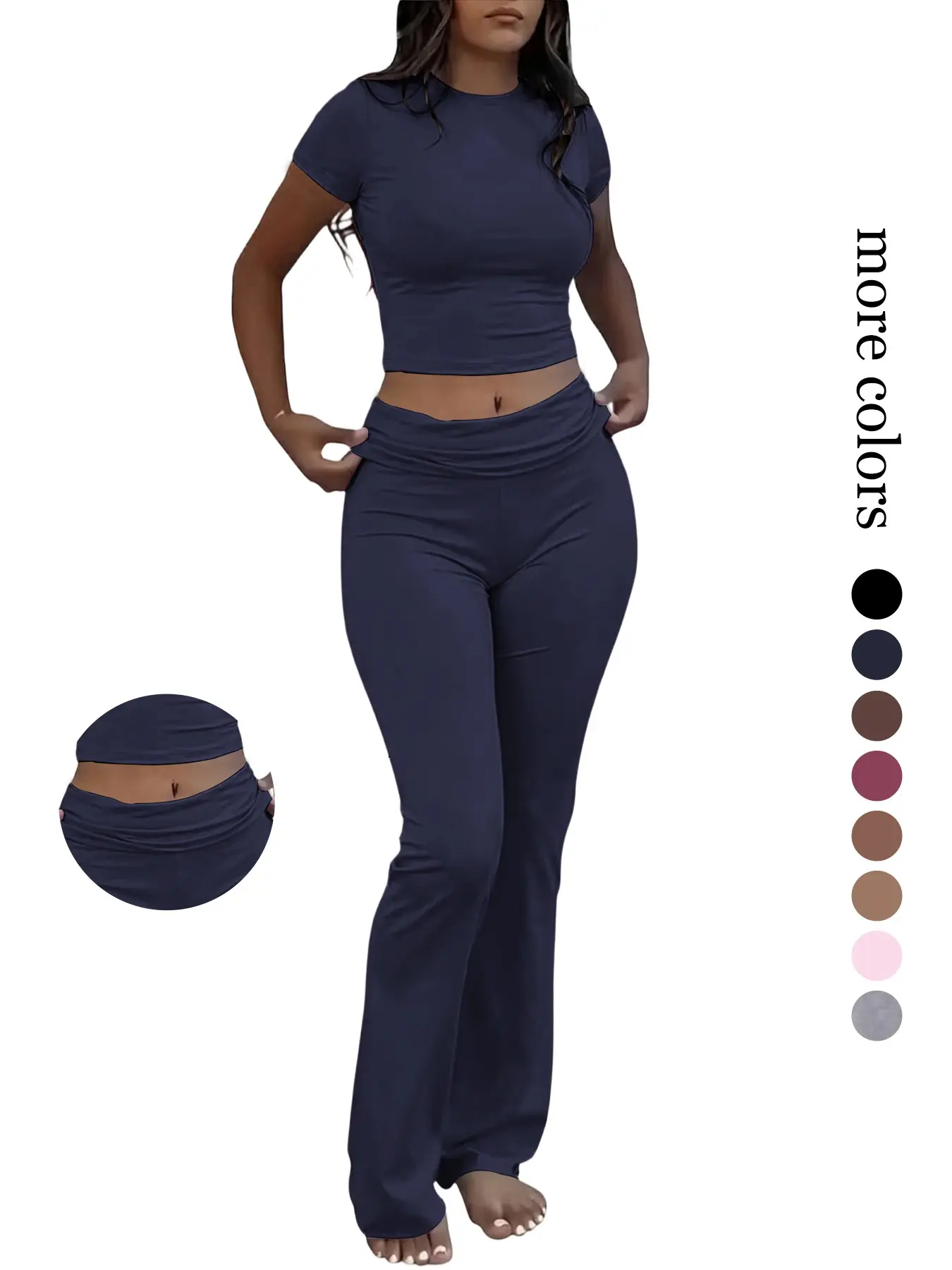 Women's Lounge Sets, 2-Piece Foldover Yoga Flare Leggings & Crop Top, Elastic Waist Design, Spring Sportswear, Workout Set, Spring/fall Season Wear