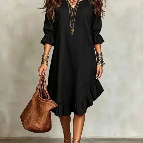 Boho-Style Bohemian Round-Neck Ruffle Three-Quarter-Sleeve Dress, Loose-Fit A-Line Midi Dress, Perfect for Summer Vacation, Chic, Comfortable and Stylish, Boho Style Dresses