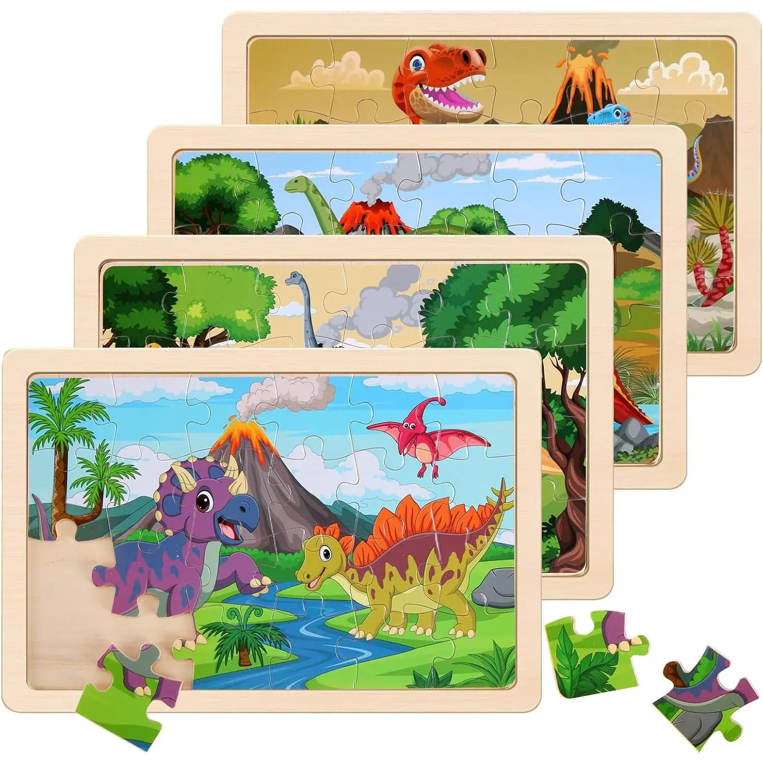 Wooden Dinosaur Jigsaw Puzzles for Boys/Girls Ages 3-6, 4-Pack 20-Piece Preschool Educational Brain Teaser Wood Boards, Jigsaws