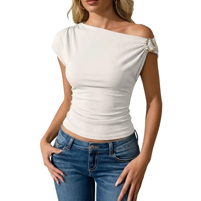 Women's Ribbed Slim-Fit Asymmetric Off-Shoulder Short-Sleeve Blouse, Metal Buttons, Casual Party Clothes, Versatile Basic Regular Sleeve Blouses & Shirts, Shortsleeve, Off Shoulder Tops, Basic Tops, Lady, Figured Print, Asymmetrical Neck
