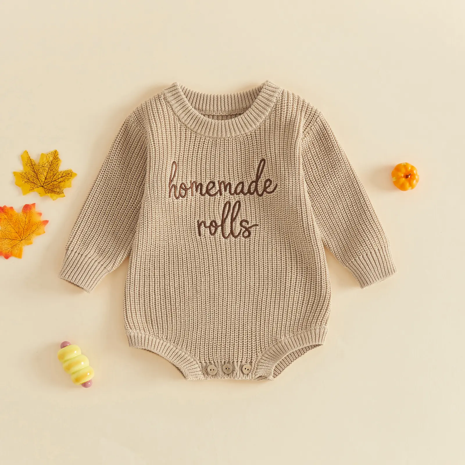FOCUSNORM Newborn Baby Girls Thanksgiving Romper Homemade Rolls Embroidery Knit Crew Neck Long Sleeve Bubble Bodysuit Fall Clothes 0‑18M