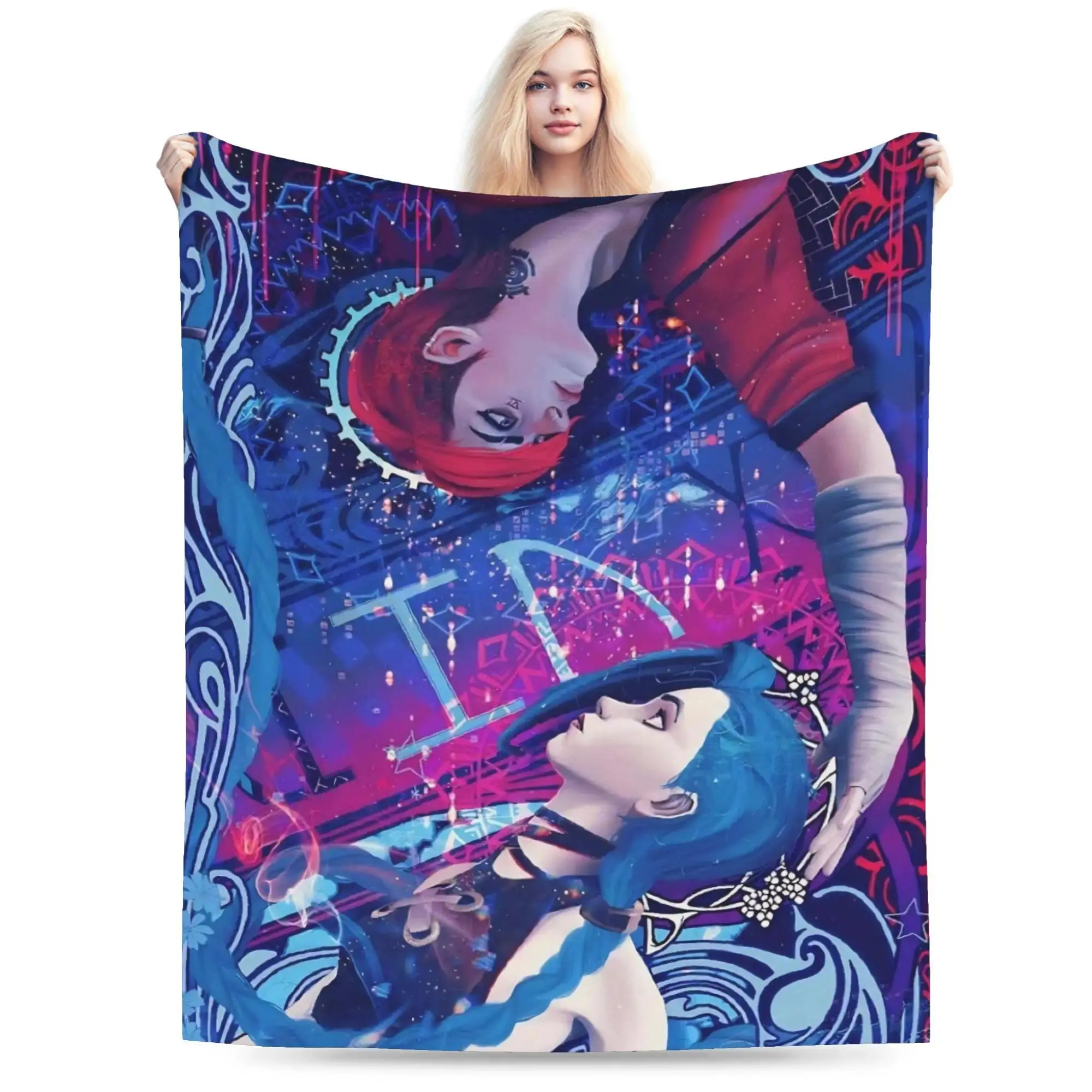 Arcane Vi Jinx Character Art Plush Flannel Throw Blanket, Polyester Warm Soft Unisex All Season Blanket for Sofa, Bedroom Decor, Fan Gift, Multi-Size