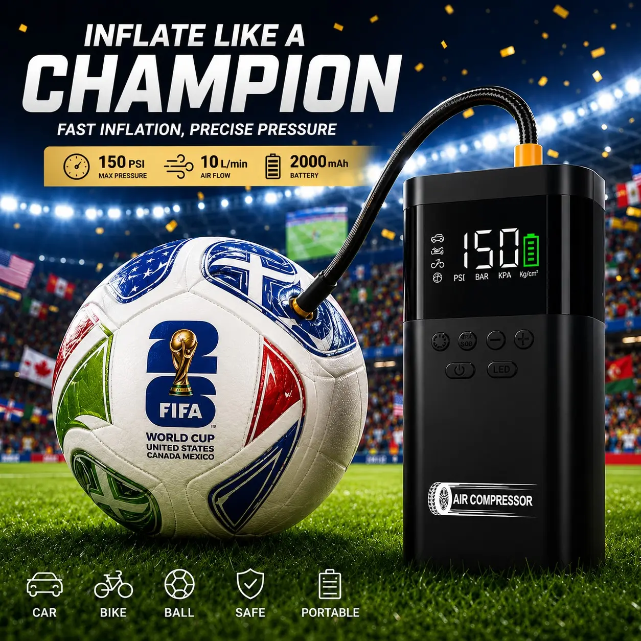 Portable Car Air Compressor Pump, Adjustable 0-150psi, 4 Modes, LED Lighting, 2000mah USB Charging, for Balls, Bikes, Motorcycles, Cars