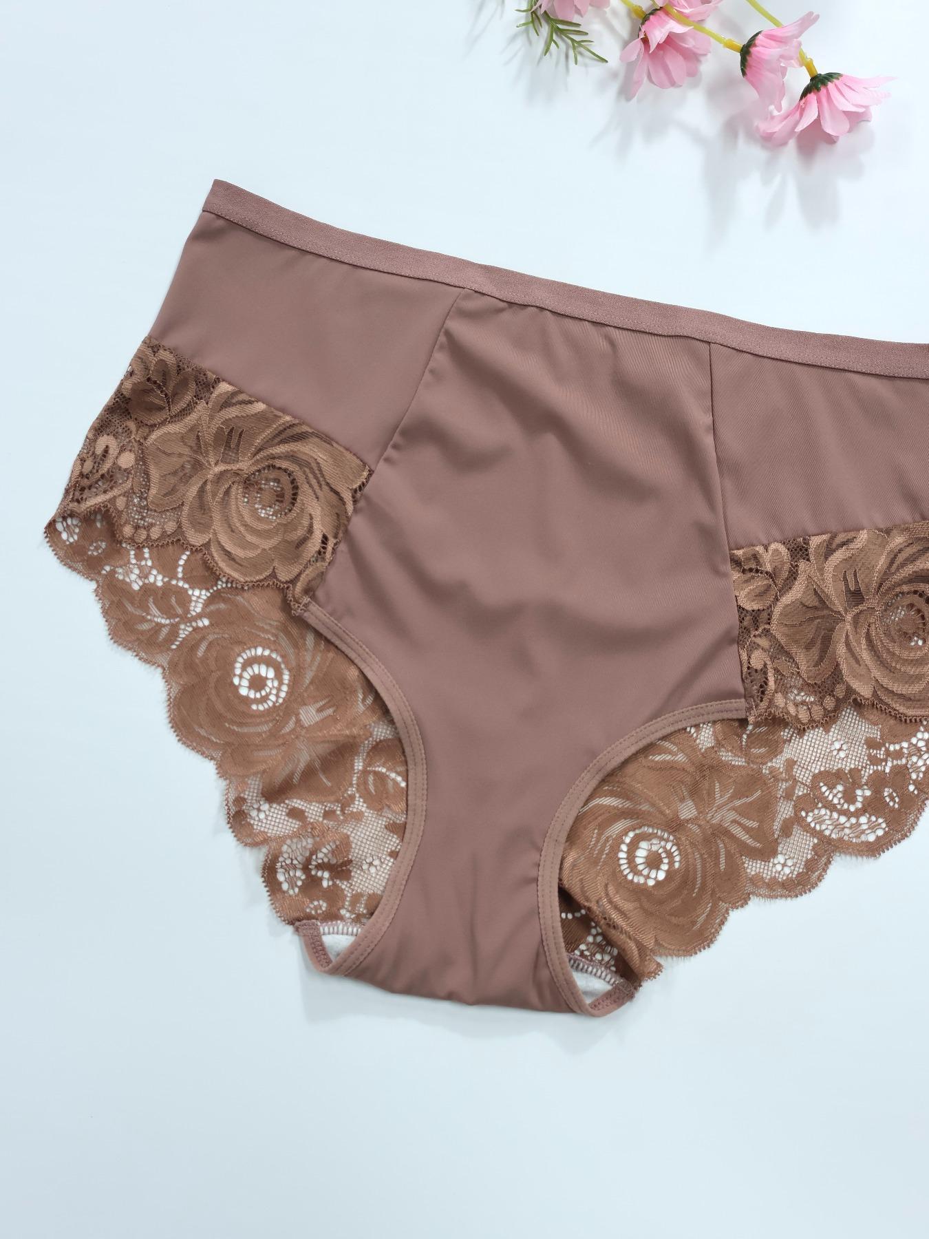 Plus Size Contrast Lace Brief, Breathable Comfortable Knicker for Daily Wear, Women's Underwear for All Seasons, Contrast Lace Panties