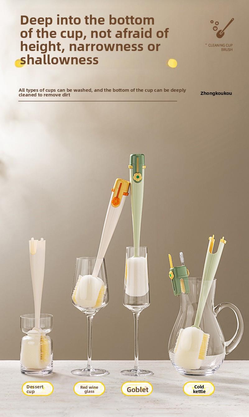 Long-handled multi-functional 5-in-1 cup brush, a handy tool for cleaning water cups, specially designed for cleaning thermos cup lids and baby bottles