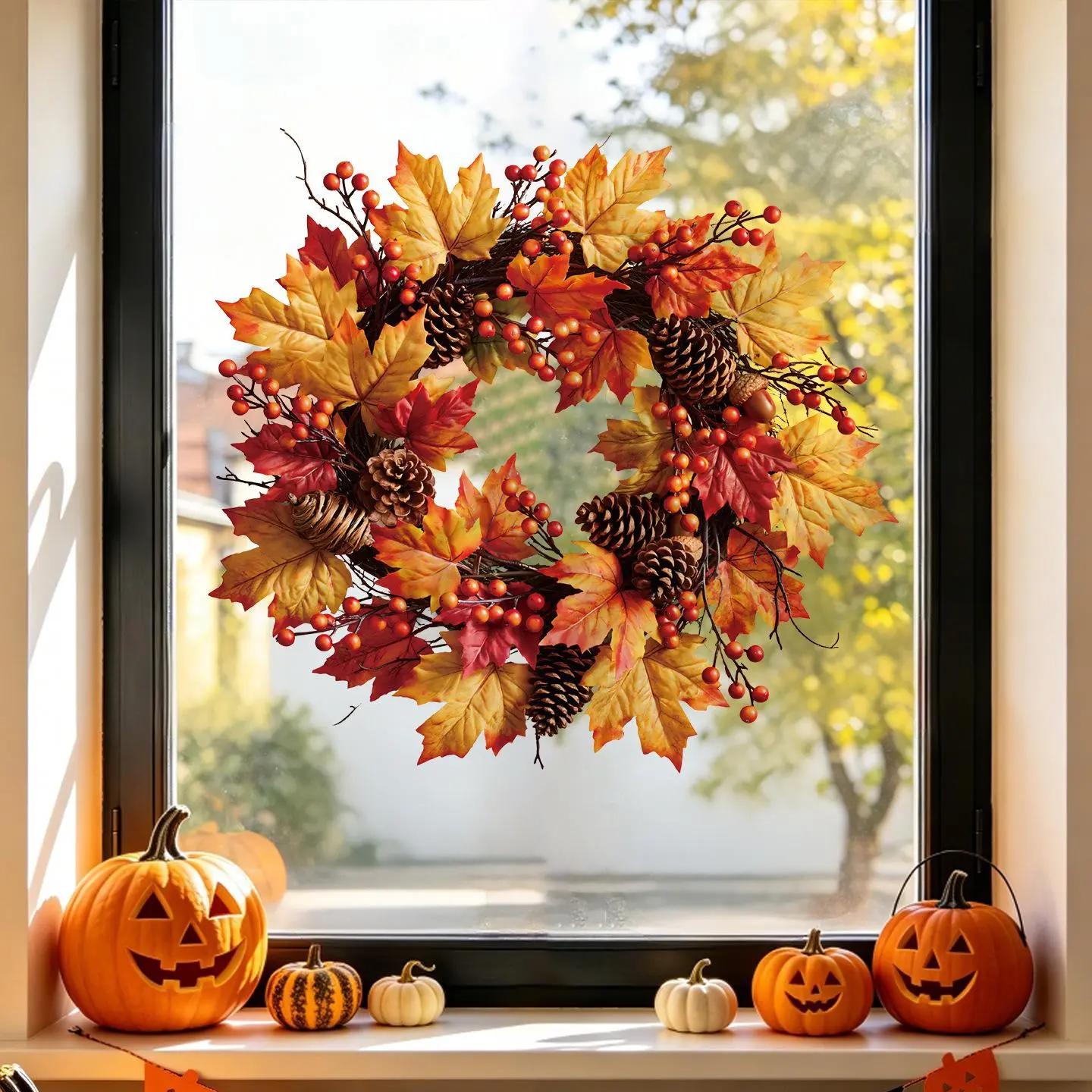 2-Pack 40x40 cm Plastic Sunflower Fall Wreath with Maple Leaves, Berries - Contemporary Home Supplies, Romance-Infused Decoration for Front Door, Wall Hanging, Thanksgiving Halloween Indoor/Outdoor Farmhouse Decor, Wall Decor