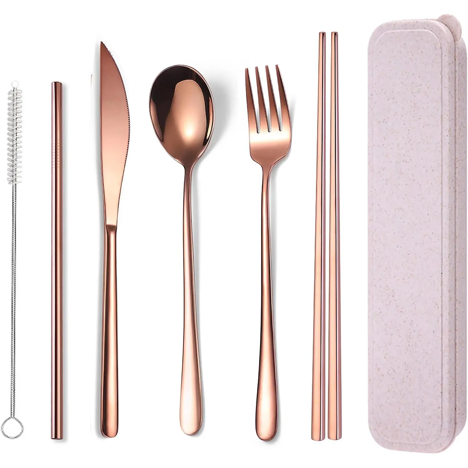 6 count 18/8 Stainless Steel Flatware Set Portable  Cutlery Set Travel Utensils Set Including Chopsticks  Fork Spoon Straws Cleaning Brush Dishwasher Safe (Rose )