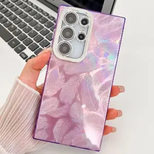 Compatible with iPhone 17, 16, 15, 14, 13, S25 Ultra, S24 Ultra, S23 Ultra, A56, Laser Feather Electroplated Shockproof Protective Phone Case HNZ0327