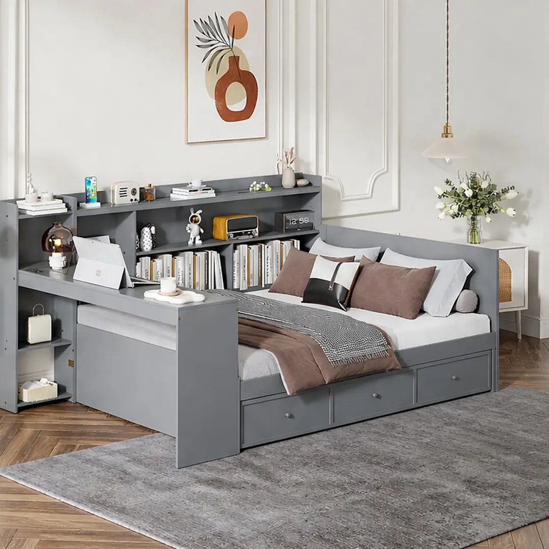 Solid Pine Wood Full Size Daybed with 3 Drawers, USB Ports, Desk - Durable Space-Saving Multifunctional Storage Bed Frame, Wipe Clean, No Box Spring Needed, Assembly Required, 92.1L x 63.7W x 42.5H in, Usb Port