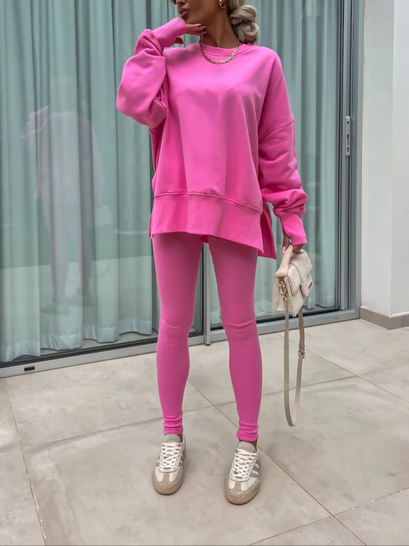 Women's Solid Sweatshirt & Skinny Pants Two-piece Set, Casual Fashion Cozy Round Neck Long Sleeve Pullover & Trousers for Daily Outdoor Wear, Ladies Spring & Fall Clothes