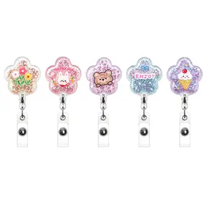 Cute Flower Shape Glitter Stretch Badge Roll, 5 Random Styles, Cute Animal & Floral Name Tags with Clip, Ideal for Nurses, Teachers, Office Staff