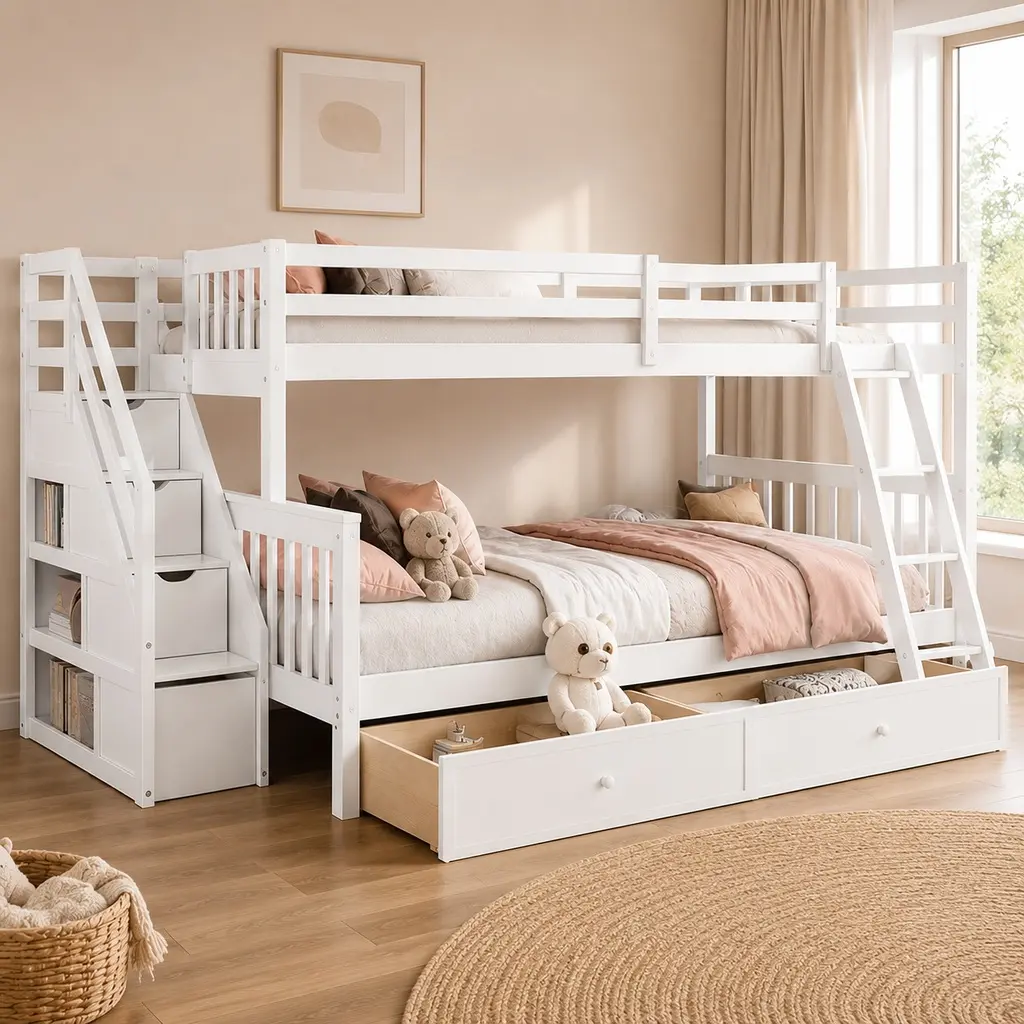 Twin over Full L-Shaped Bunk Bed with 3 Drawers, Staircase & Ladder, Solid Pine Wood Frame, Space-Saving Design for Kids Bedroom or Guest Room, 96.8"W x 118.3"D x 61.2"H, No Mattress Included, Espresso/Gray/White