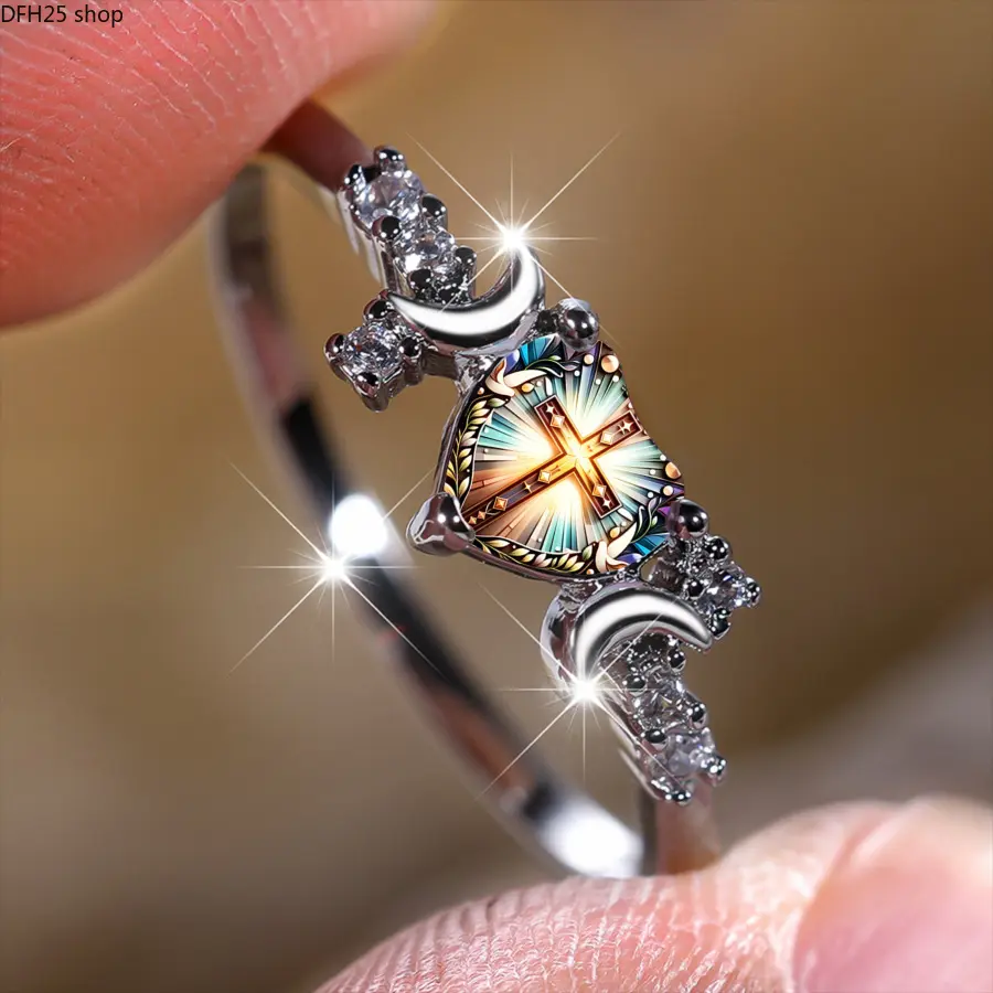 Cross Crystal Ring for Women, Silver Tone Crescent Moon and Faith-Inspired Design with Sparkling Stones, Vintage Style Jewelry for Daily Wear