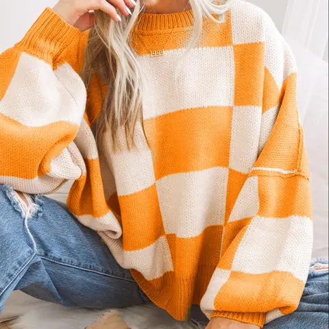 Women's Plus-Size Colorblock Geometric Plaid Pattern Sweater, Drop Shoulder Long-Sleeve Thick Knit Pullover for Winter, Casual Wear