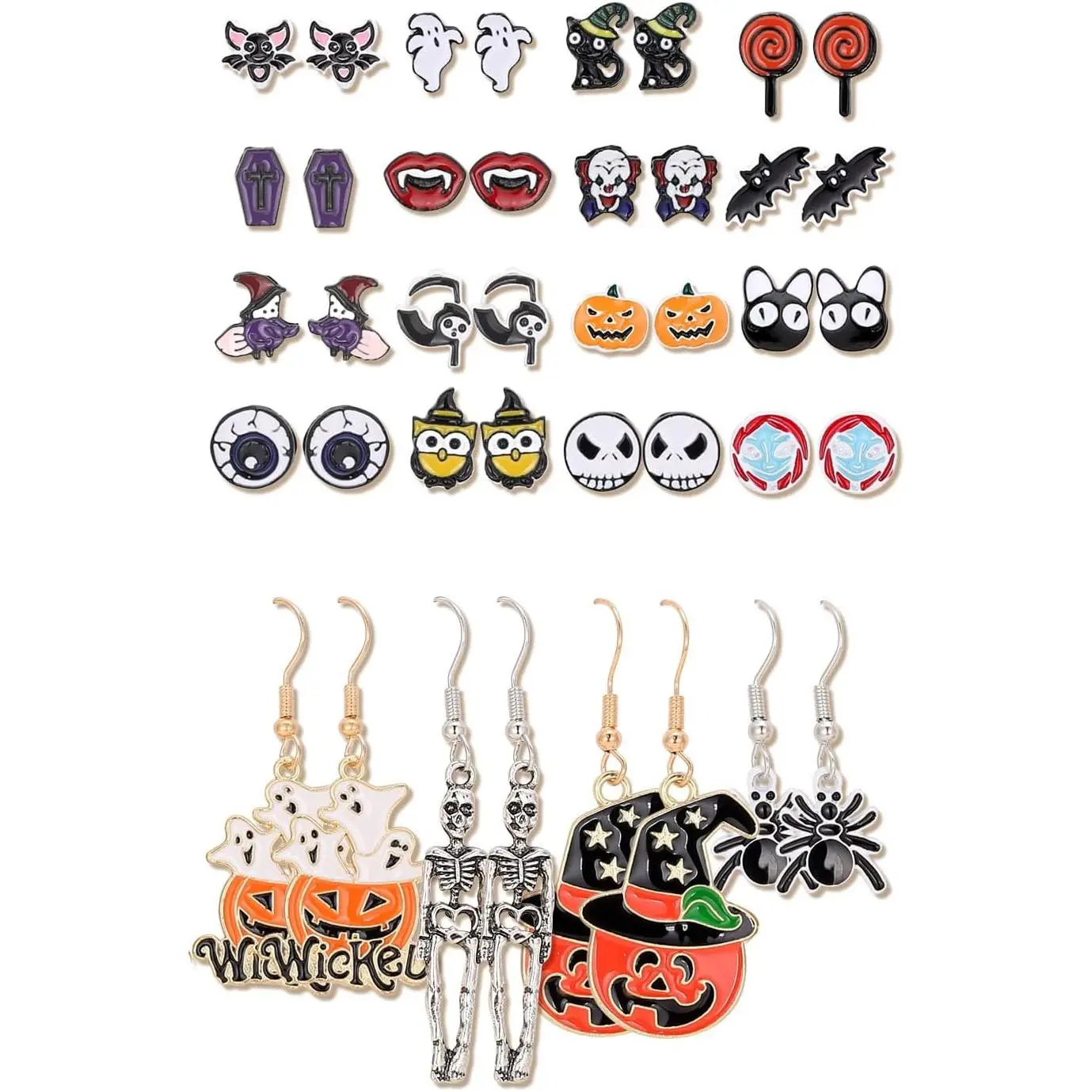 20-Pair Girls' Earrings Set with Halloween Themes, Lightweight Stud & Hook Assortment, Nickel-Free Synthetic Jewelry for Holiday Parties, Girls/Women