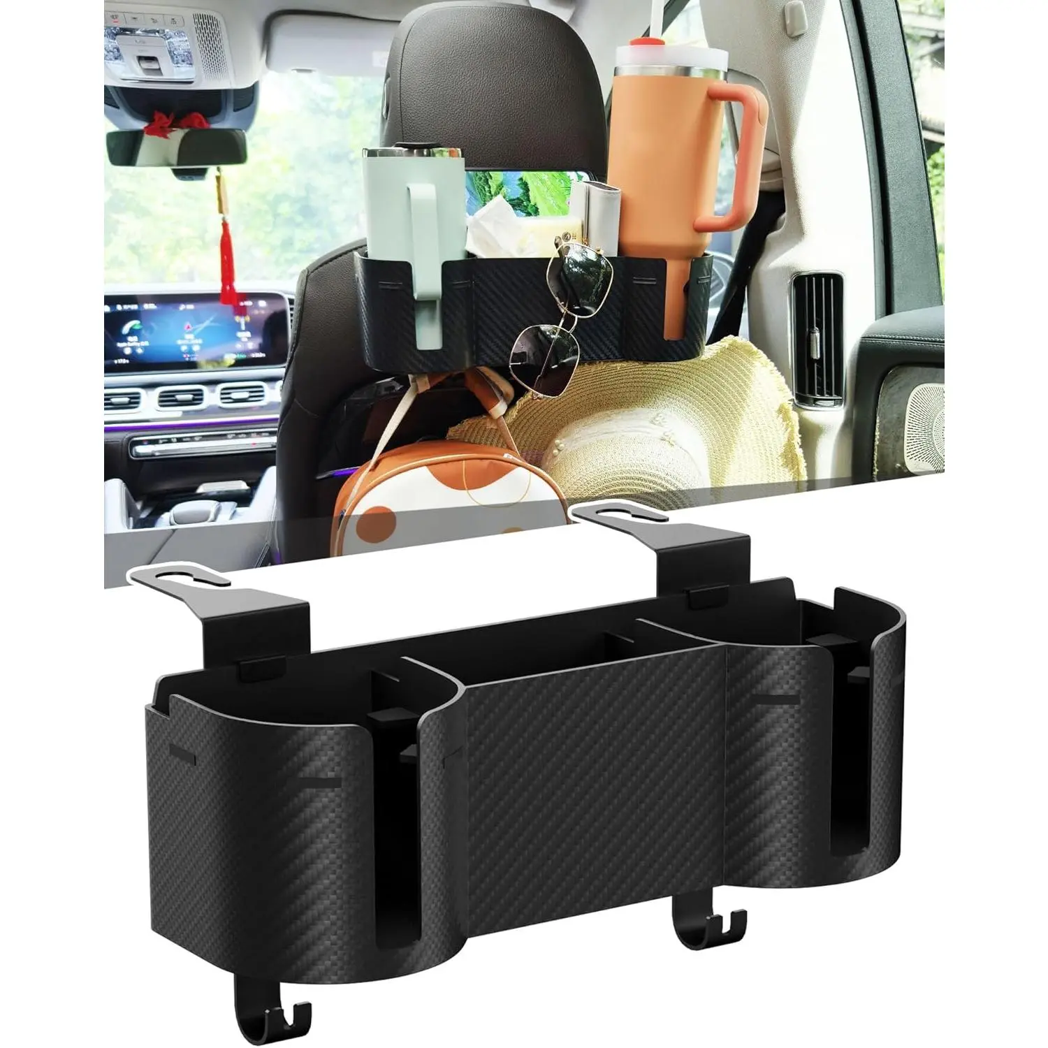 Car Headrest Backseat Cup Holder 3.7" with Organizer, High Capacity 4 in 1 Seat Back Organizer with Headrest Hooks, Multifunctional Storage for Car Travel Accessories Compatible with Most Vehicles