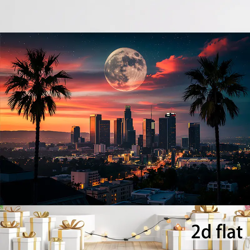 2D Flat Print Cityscape Wall Hanging Cloth, Los Angeles Downtown Full Moon Palm Tree Sunset Twilight Night View Tapestry, Modern Home Decor for Living Room Apartment Photography Backdrop