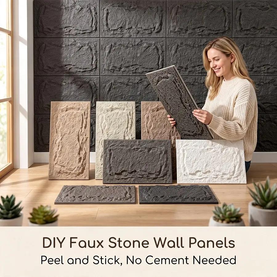 Self-Adhesive PU Faux Stone Wall Panels, 25x45cm, 2cm Thick, 8 Styles, DIY Decor for TV Background, Bedroom, Shop, Free Nano-Tape Included