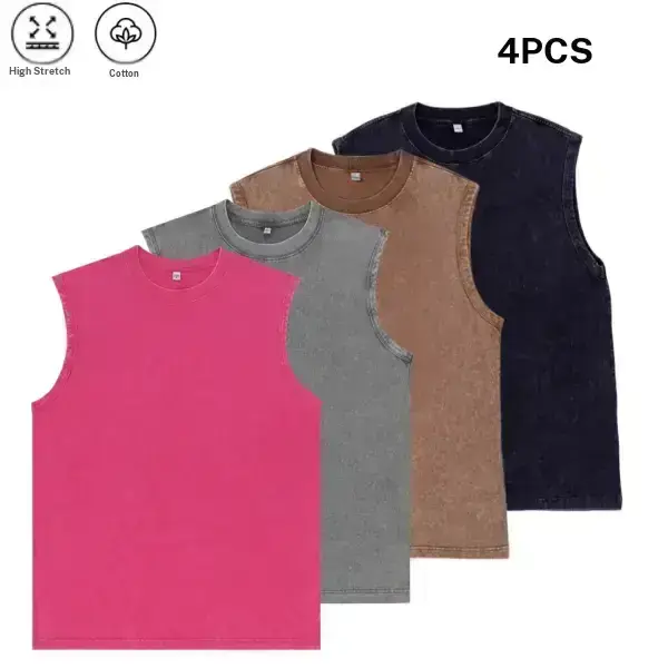 Pack of 4 pure cotton sleeveless tank tops, American street style, distressed washed finish, highly elastic and skin friendly fabric, suitable for gym workouts, lifting iron, everyday casual wear, versatile basic men’s apparel Wash Muscle Unisex Acid tikt